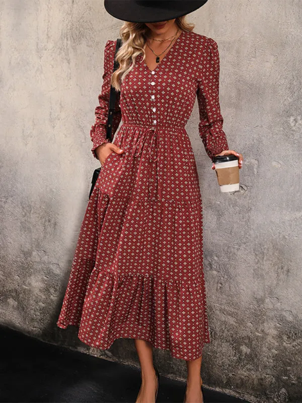 Casual Autumn Midi Dress with Gathered Waist