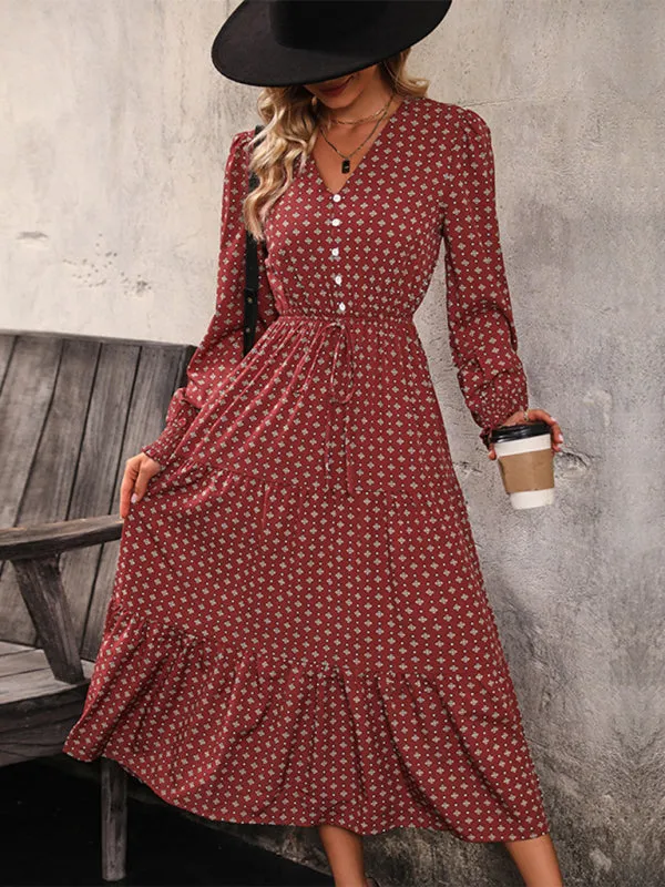 Casual Autumn Midi Dress with Gathered Waist