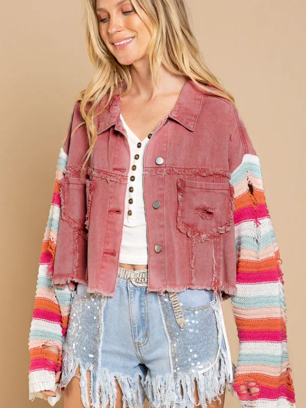 Casual Fashion Denim Rainbow Long-sleeved Splicing Jacket