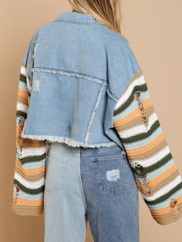 Casual Fashion Denim Rainbow Long-sleeved Splicing Jacket