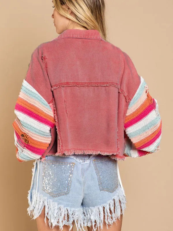 Casual Fashion Denim Rainbow Long-sleeved Splicing Jacket