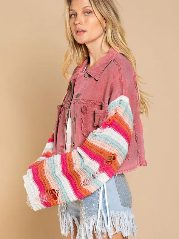 Casual Fashion Denim Rainbow Long-sleeved Splicing Jacket