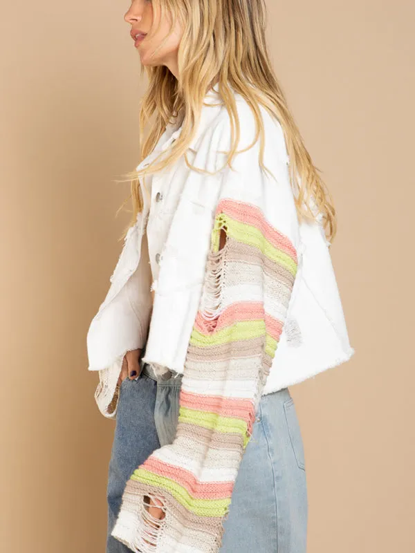 Casual Fashion Denim Rainbow Long-sleeved Splicing Jacket