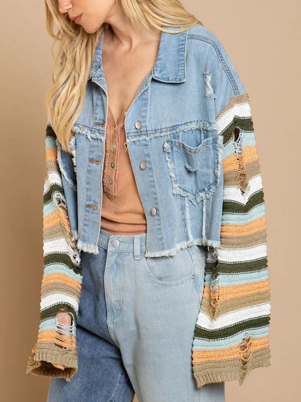 Casual Fashion Denim Rainbow Long-sleeved Splicing Jacket