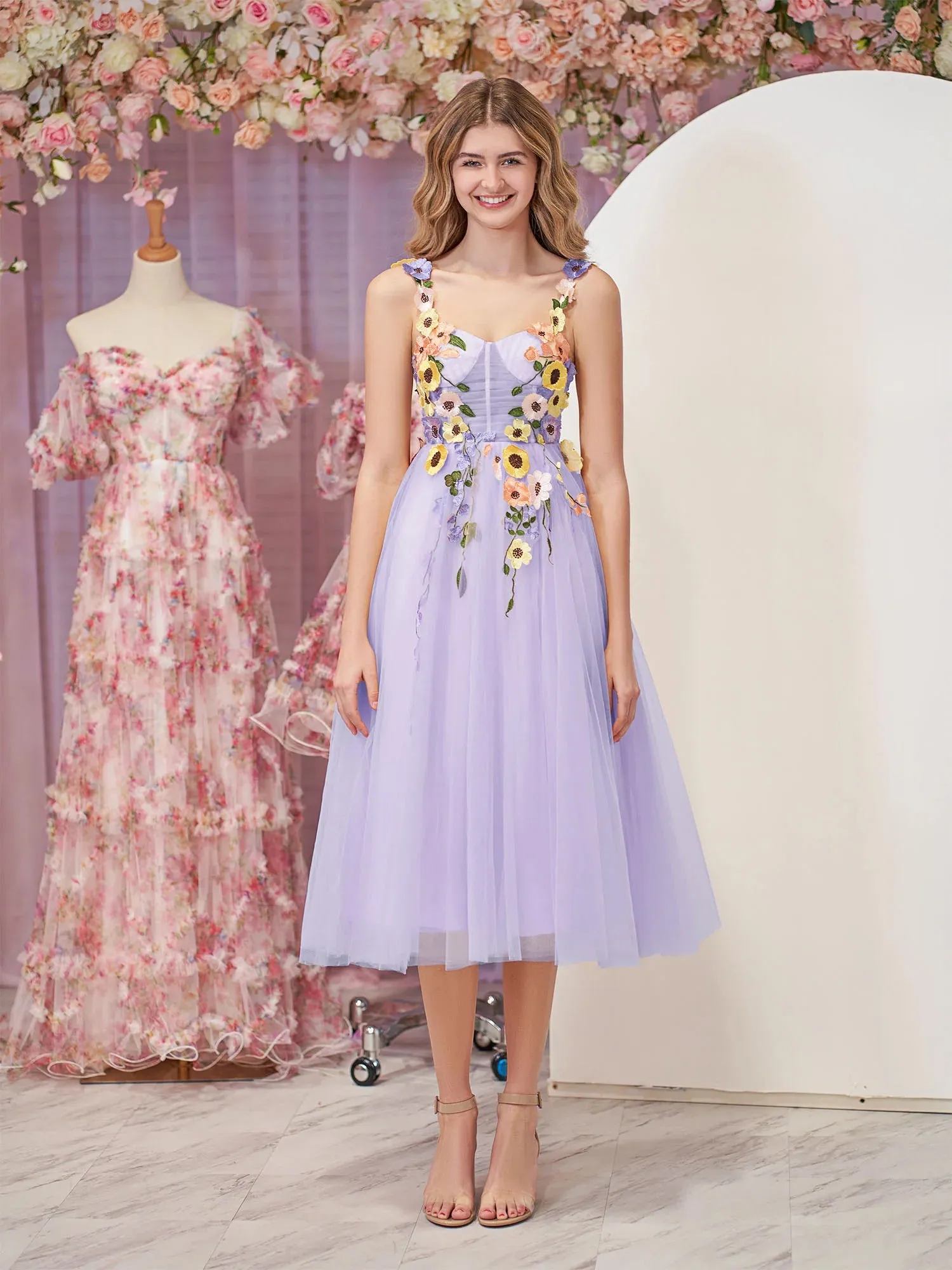 Champagne 3D Flower Tulle Tea Length Prom Dresses