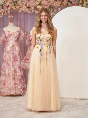 Champagne A-Line Corset Midi Prom Dress with 3D Flowers