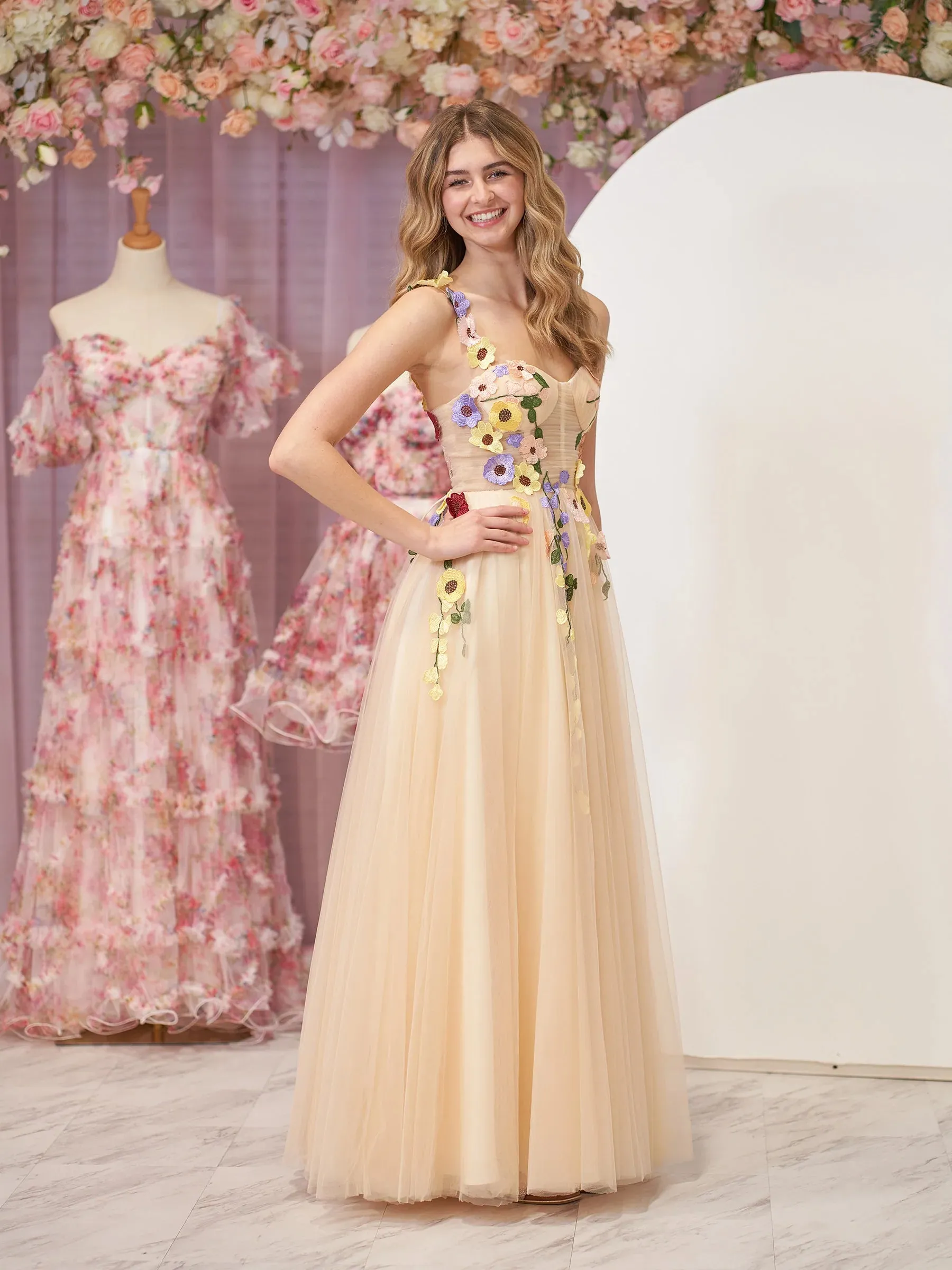 Champagne A-Line Corset Midi Prom Dress with 3D Flowers