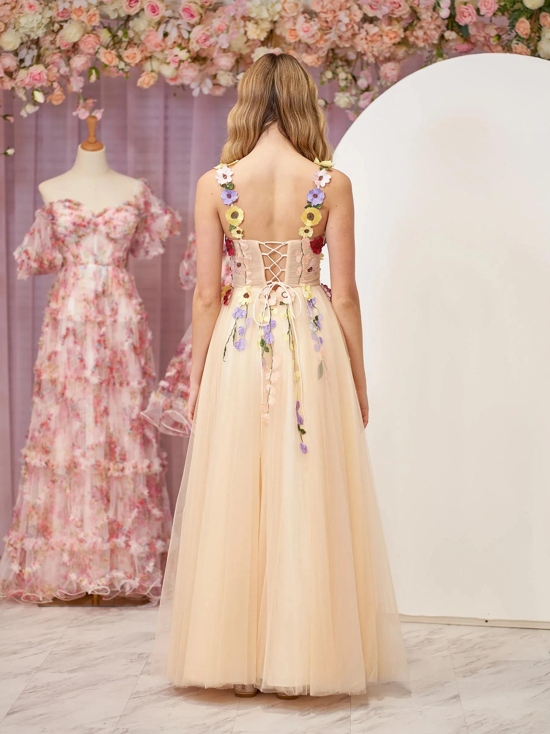 Champagne A-Line Corset Midi Prom Dress with 3D Flowers