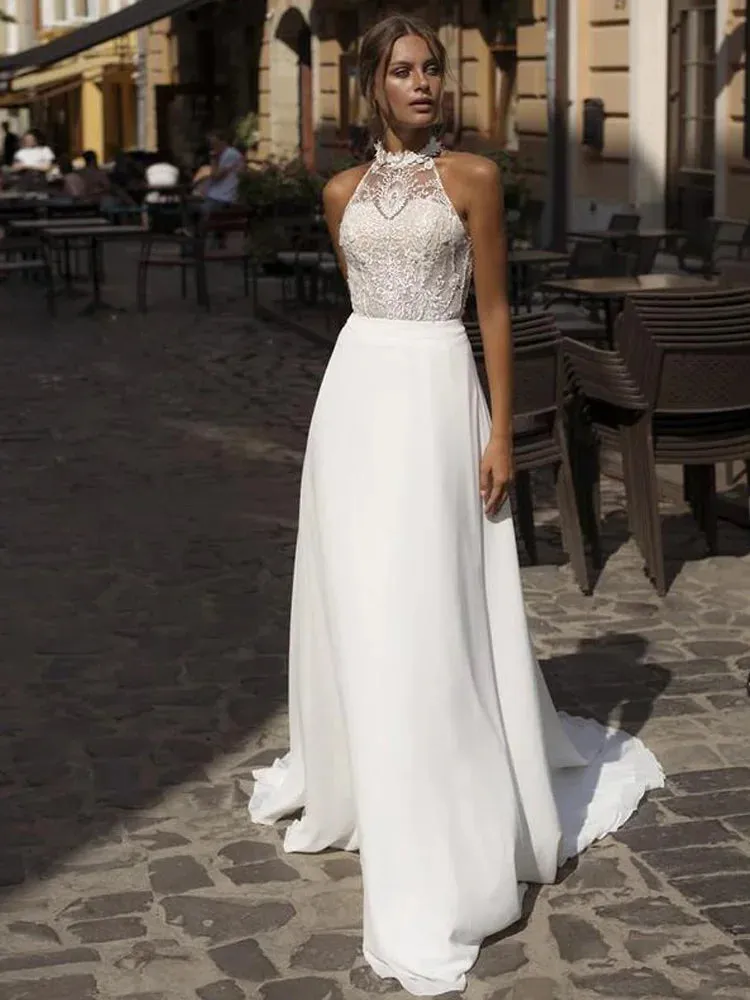 Chiffon Floor Length Halter Neck A Line Wedding Dress