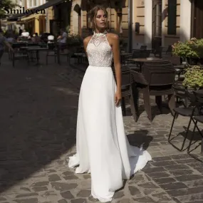 Chiffon Floor Length Halter Neck A Line Wedding Dress