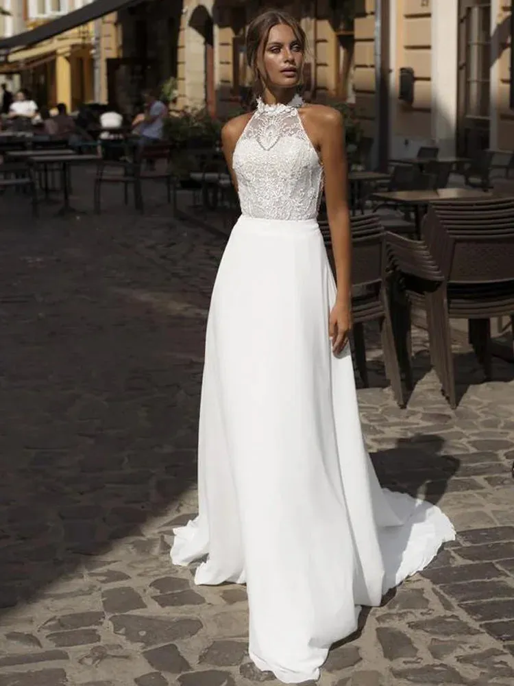 Chiffon Floor Length Halter Neck A Line Wedding Dress