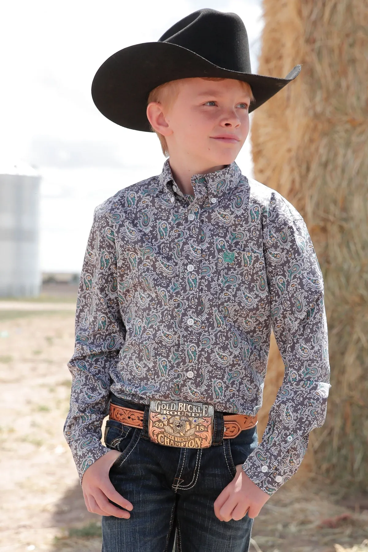 CINCH BOYS LONG SLEEVE GRAY PAISLEY PRINT SHIRT