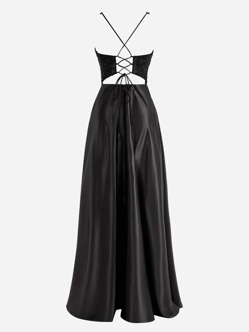 Colette |A-Line V-Neck Satin Prom Dress with Slit