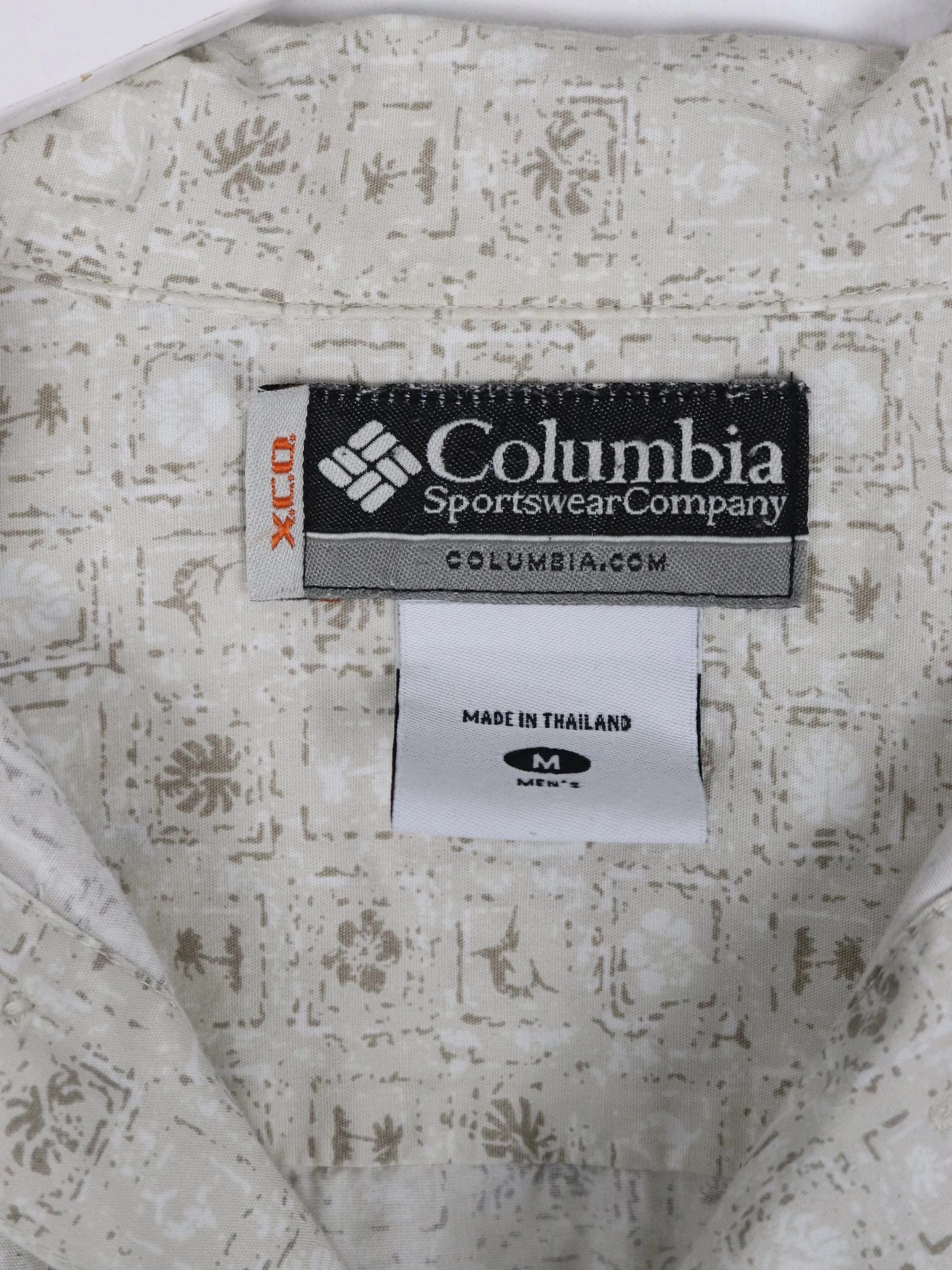 Columbia Shirt Mens Medium Beige Grey Button Up Short Sleeve Pattern