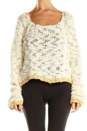 Cream Cropped Knit Sweater with Colorful Trim