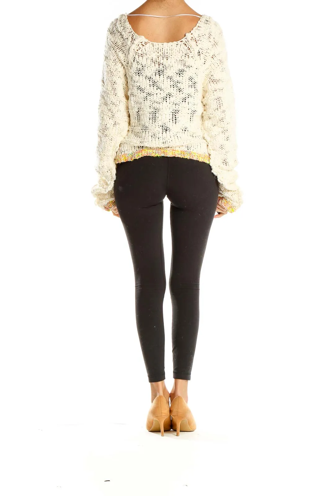 Cream Cropped Knit Sweater with Colorful Trim