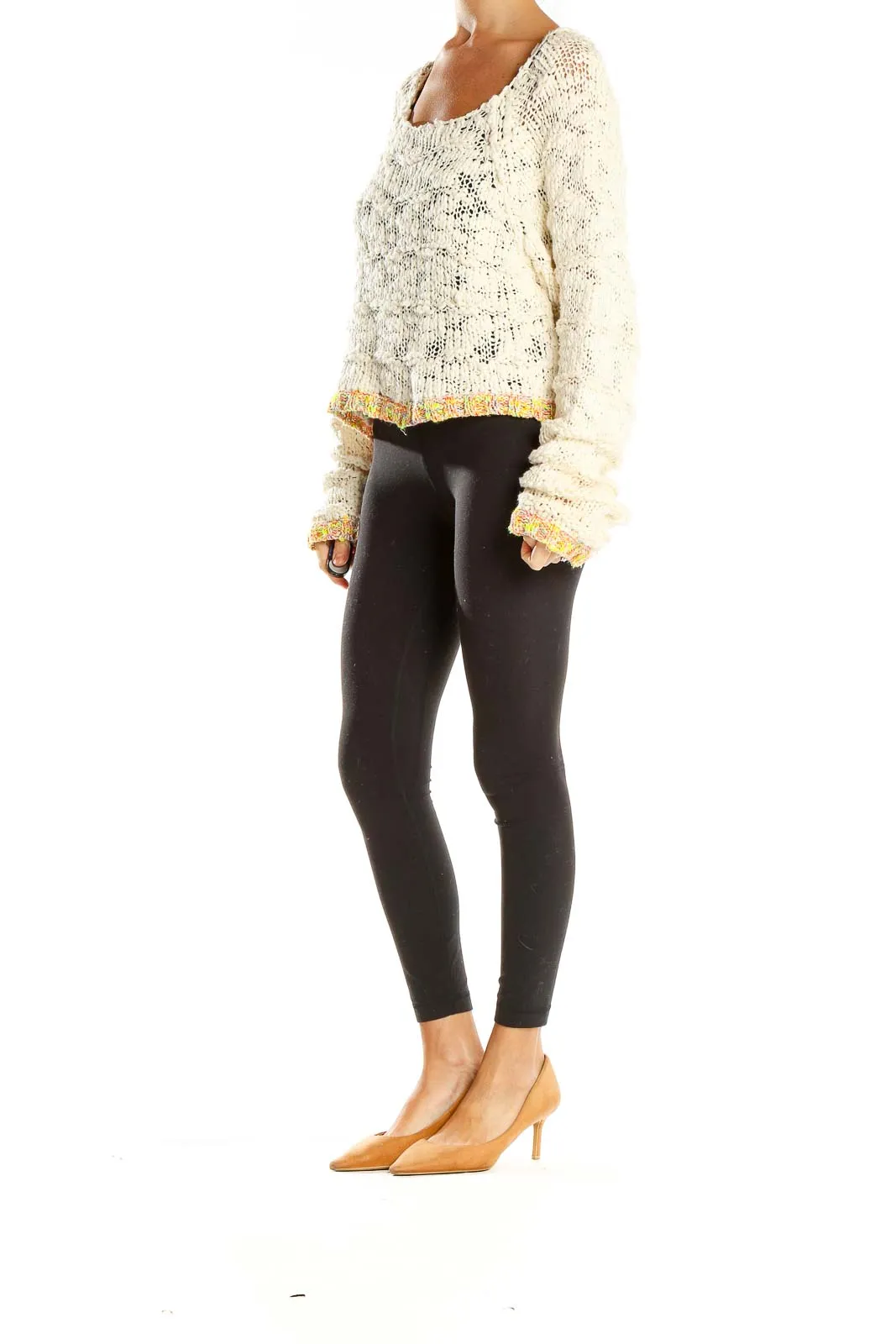 Cream Cropped Knit Sweater with Colorful Trim