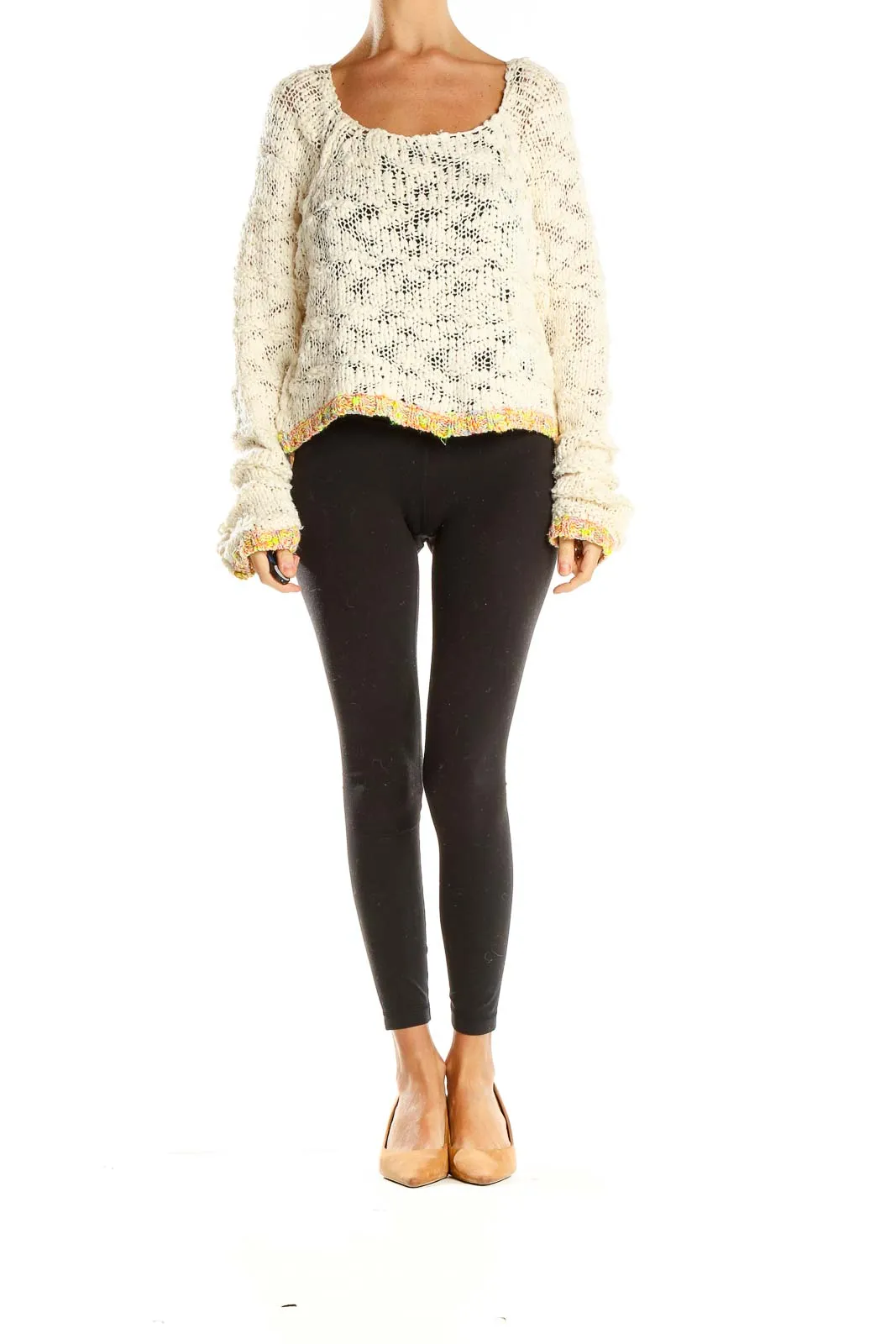 Cream Cropped Knit Sweater with Colorful Trim