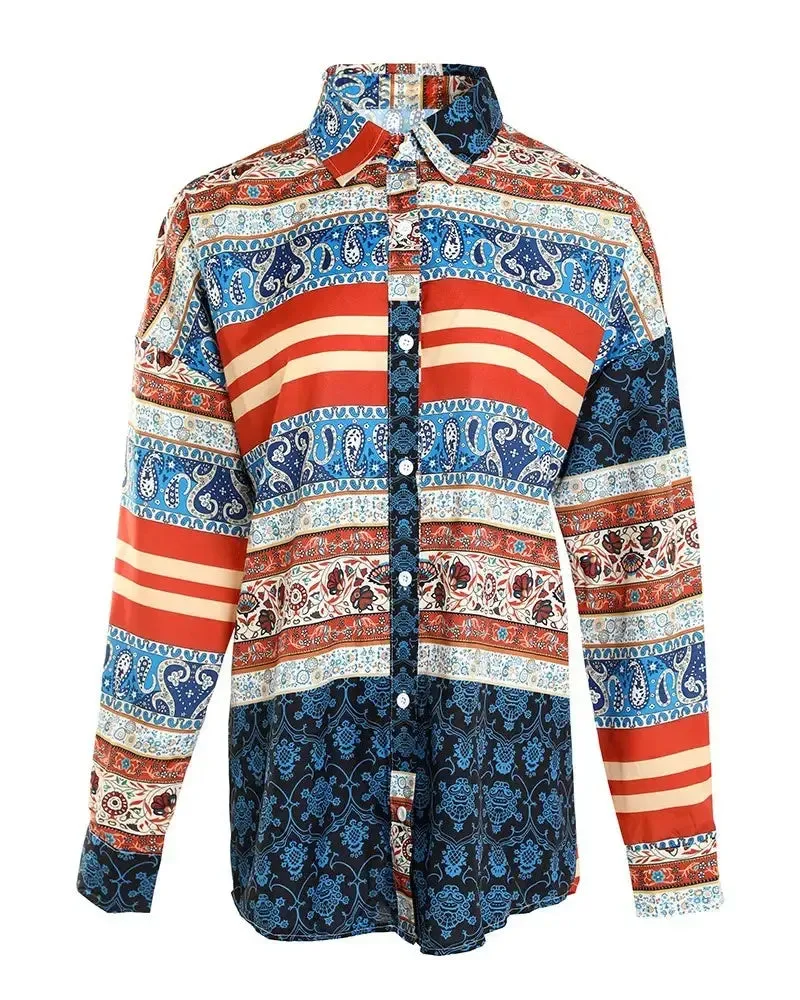 Deanwangkt - Striped Paisley Print Button-Up Shirt