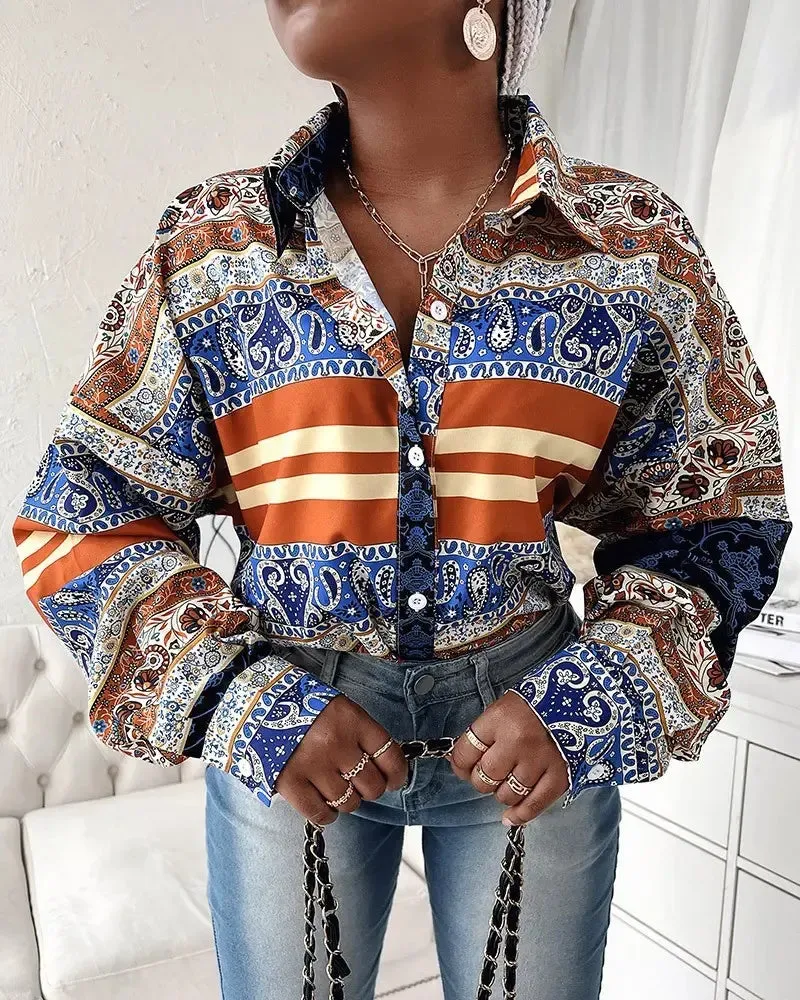 Deanwangkt - Striped Paisley Print Button-Up Shirt