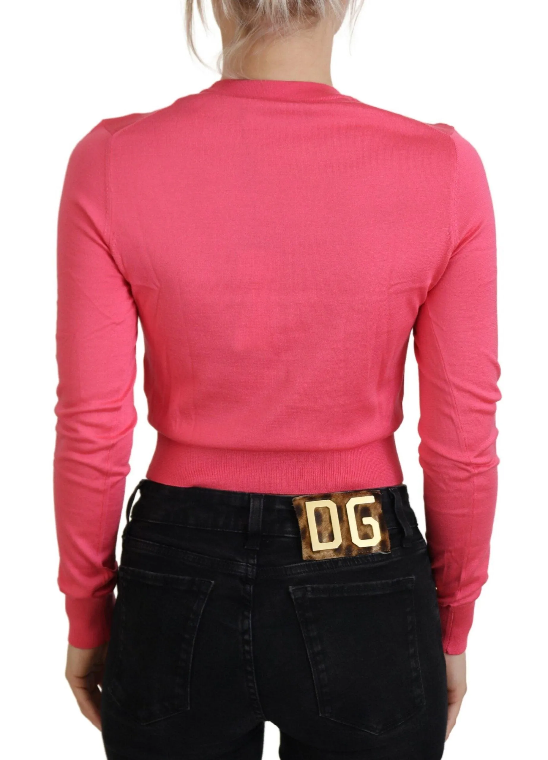 Dolce & Gabbana Pink Silk Cropped Crewneck Pullover Sweater