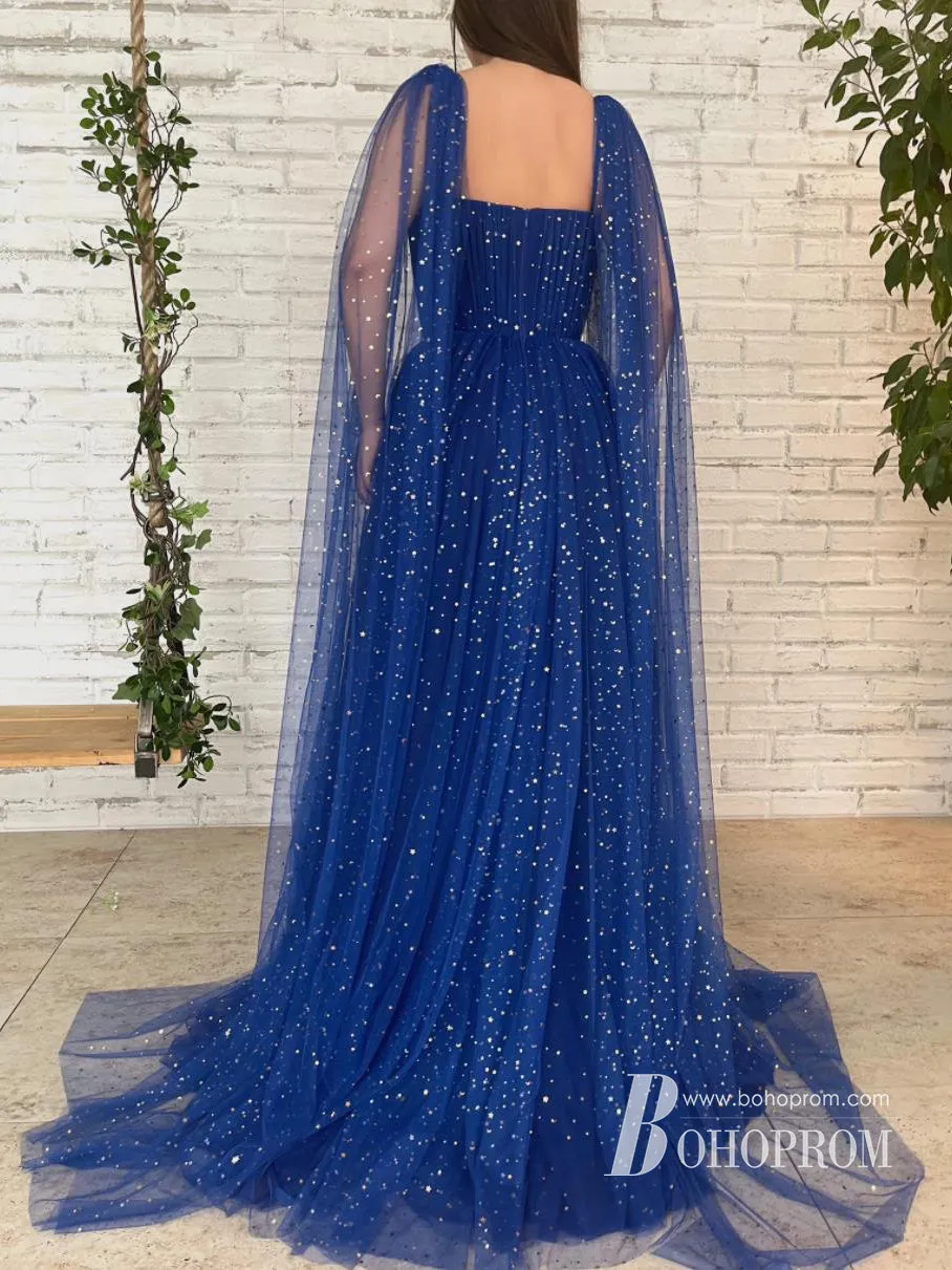 Dreamy Shiny Star Lace Sweetheart Long Sleeves Sweep Train Prom Dresses PD664