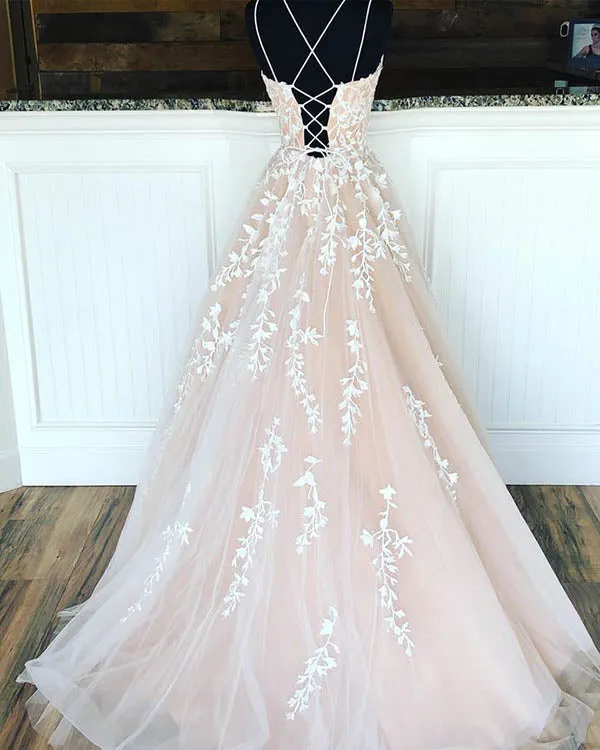 Elegant Double Straps Tulle Ball Gown Long Prom Dresses with Appliques, SP575