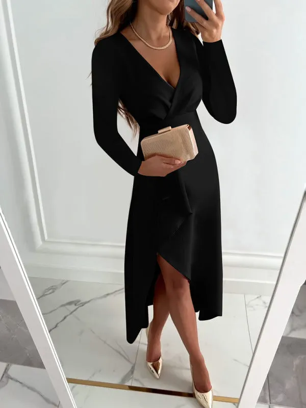 Elegant Solid Faux Wrap Ruffle V-Neck Long Sleeve Dress