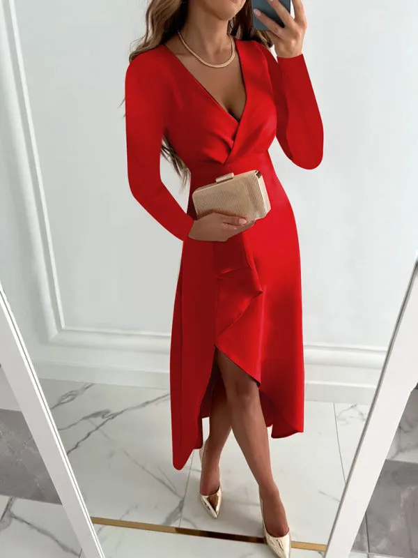 Elegant Solid Faux Wrap Ruffle V-Neck Long Sleeve Dress