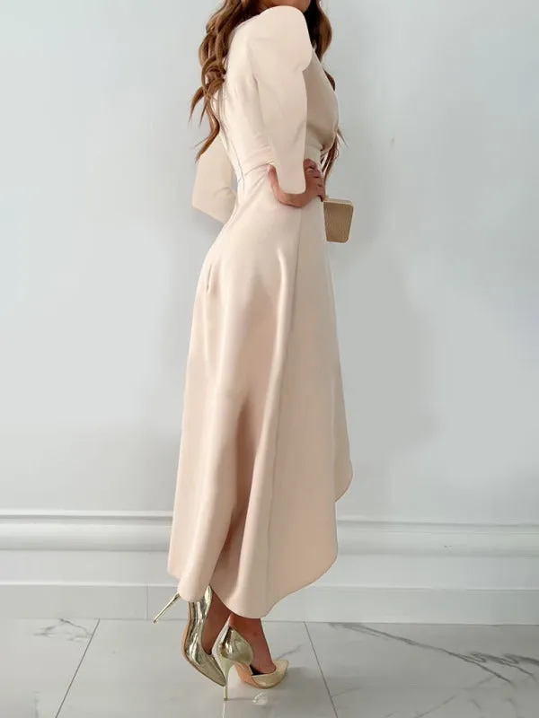 Elegant Solid Faux Wrap Ruffle V-Neck Long Sleeve Dress