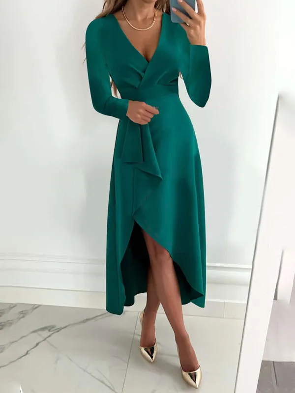 Elegant Solid Faux Wrap Ruffle V-Neck Long Sleeve Dress