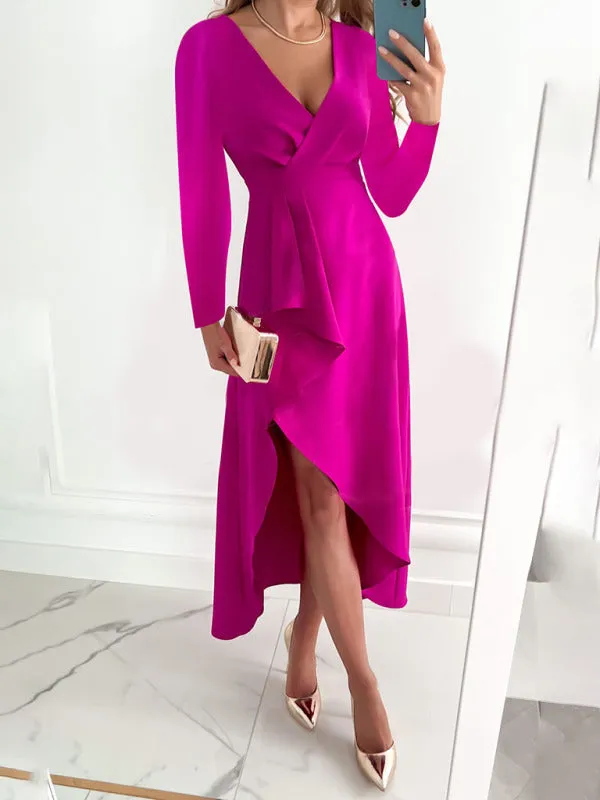 Elegant Solid Faux Wrap Ruffle V-Neck Long Sleeve Dress