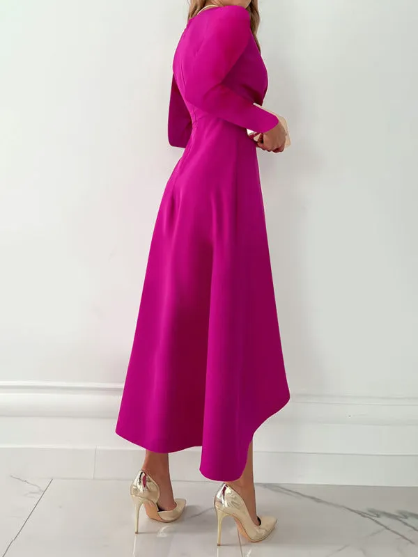 Elegant Solid Faux Wrap Ruffle V-Neck Long Sleeve Dress