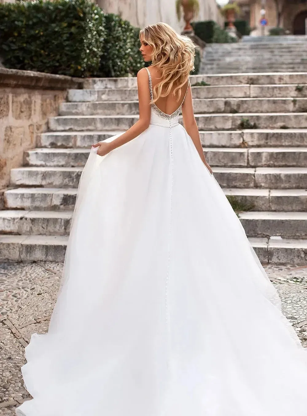 Elegant V-neck Sleep Crystal Beaded A Line Wedding Dress