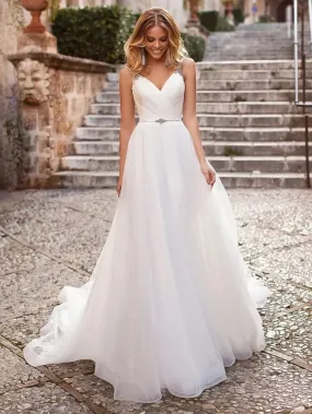 Elegant V-neck Sleep Crystal Beaded A Line Wedding Dress