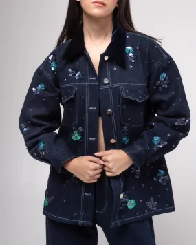 Embroidered denim jacket with silk-velvet collar