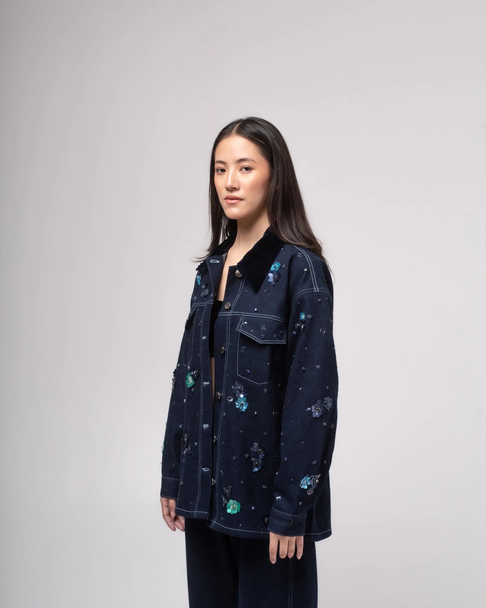 Embroidered denim jacket with silk-velvet collar