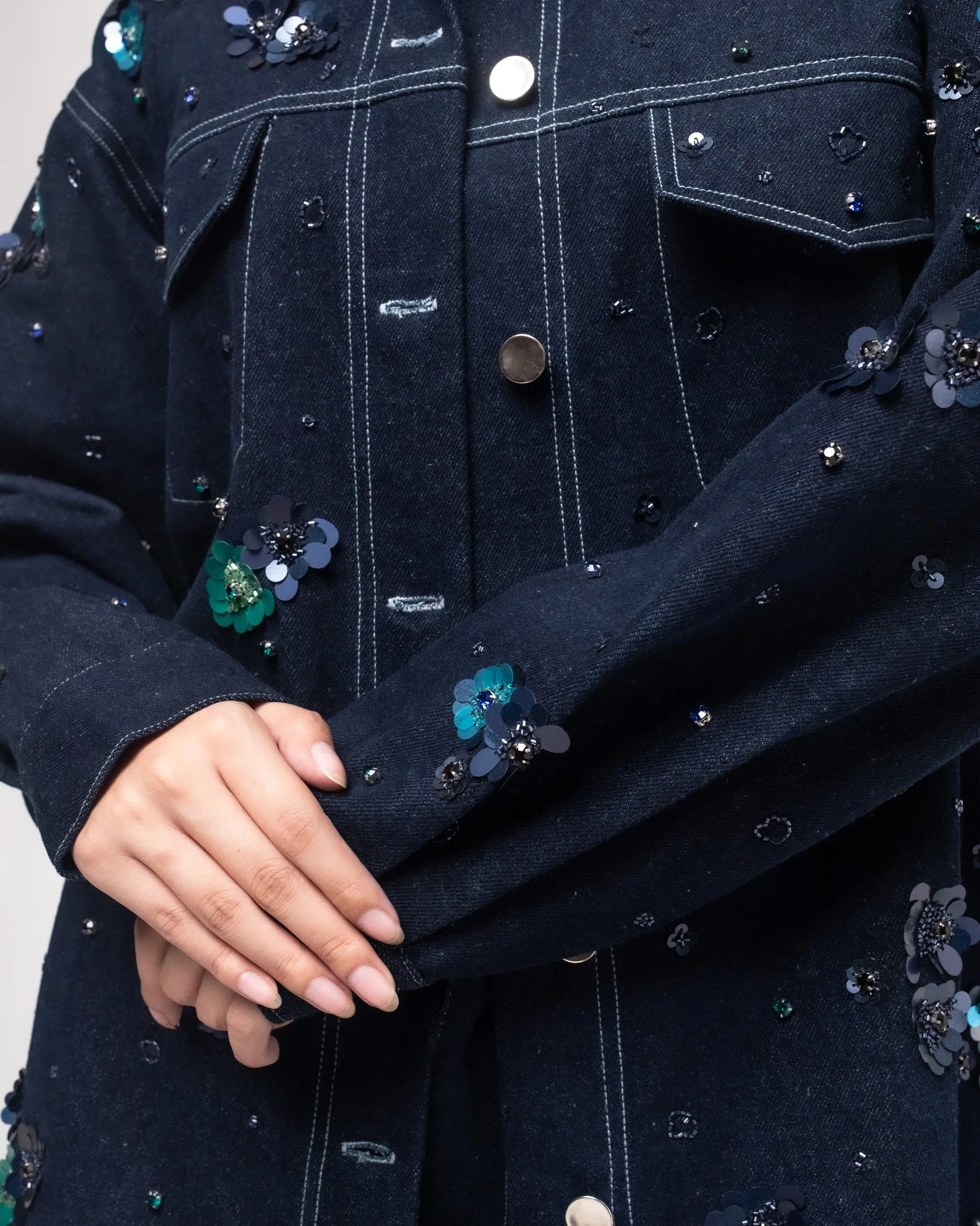 Embroidered denim jacket with silk-velvet collar