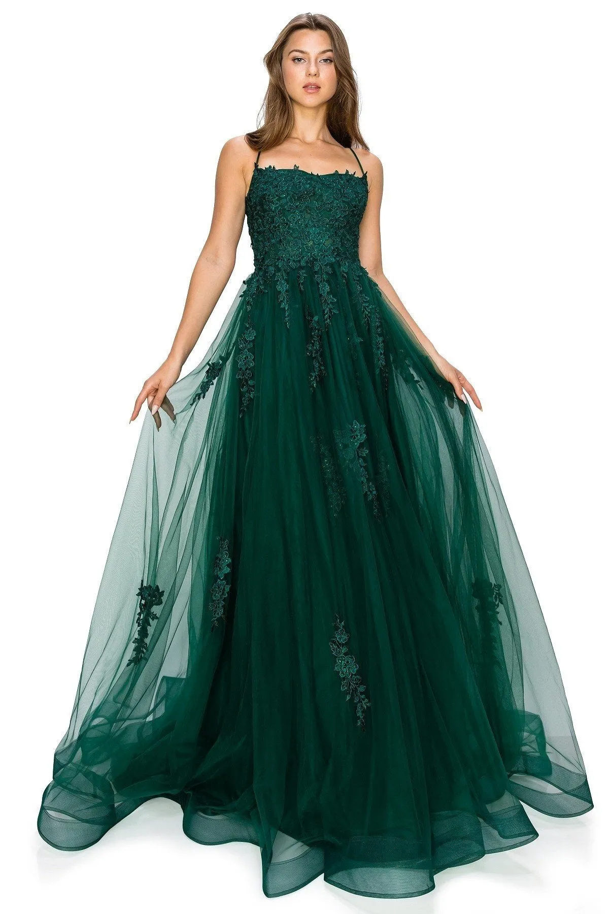 Emerald Lace Applique Tulle A-Line Gown by Cinderella Couture USA AS8031J-HGreen - Special Occasion/Curves