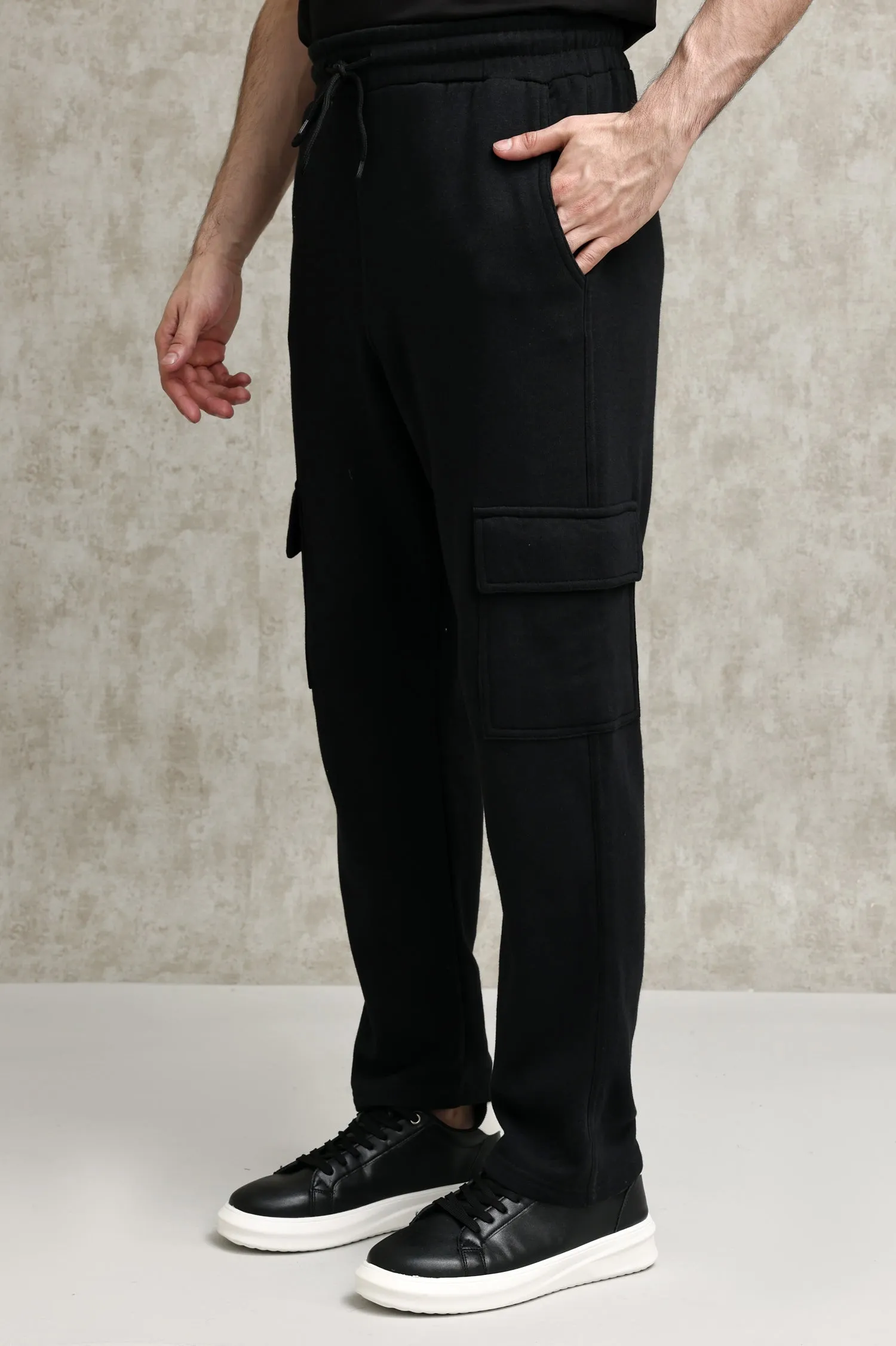 FLEECE-CARGO RELAXED TROUSERS-BLACK