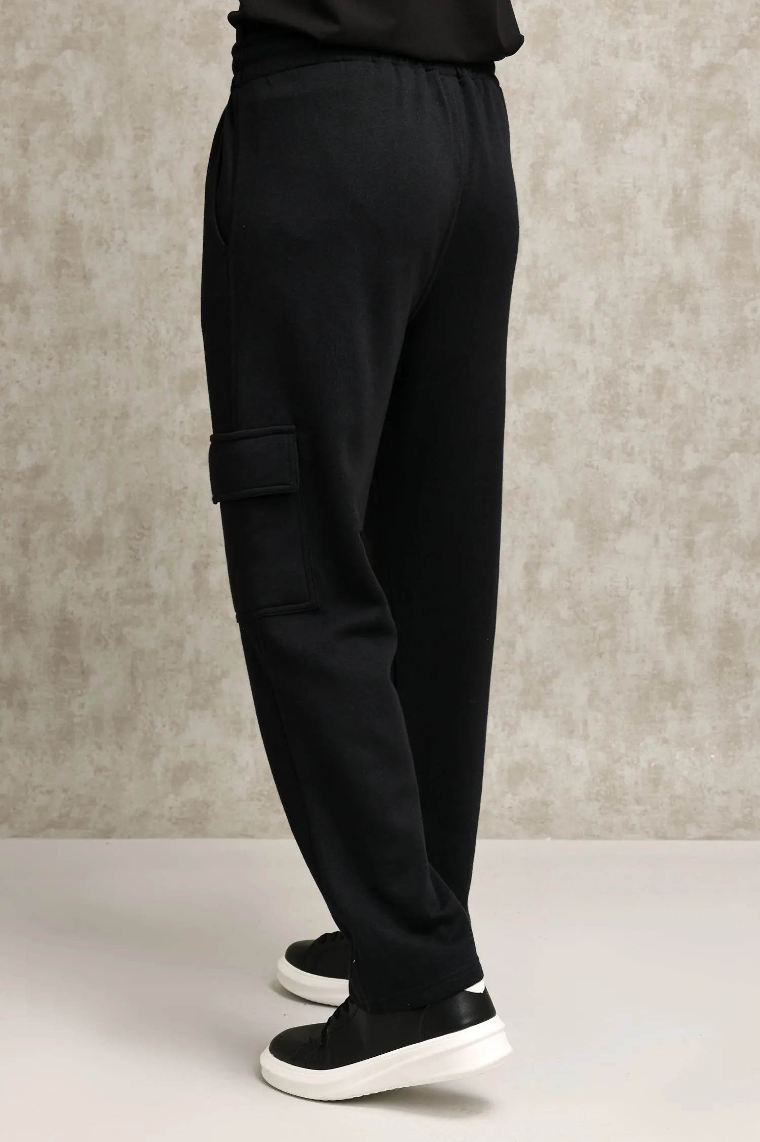 FLEECE-CARGO RELAXED TROUSERS-BLACK