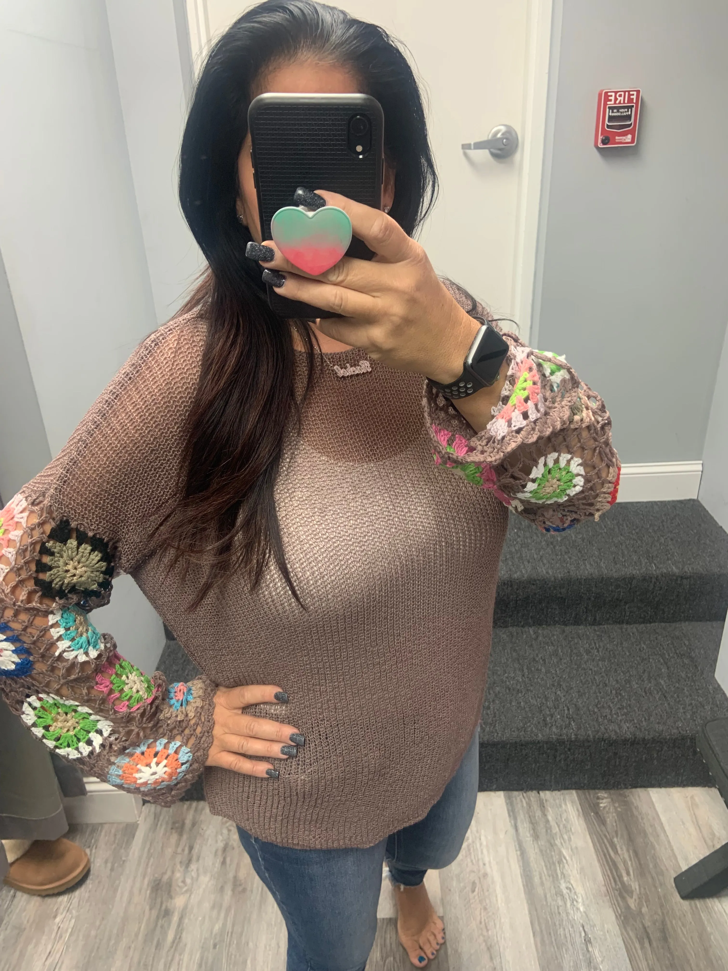 FLORAL LONG SLEEVE CROPPED KNIT SWEATER TOP - BLACK, PINK OR COCOA