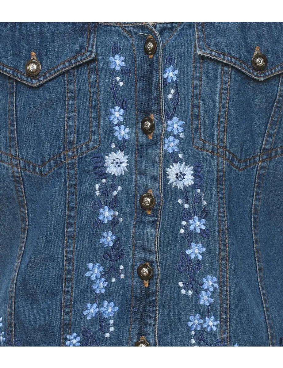 Floral Pattern Denim Jacket Vest - M