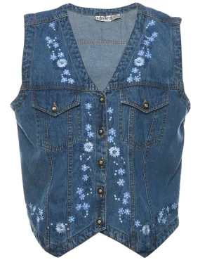 Floral Pattern Denim Jacket Vest - M