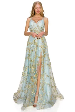 Floral Sequin A-Line Gown by Cinderella Couture USA AS8022J-blue - Special Occasion/Curves