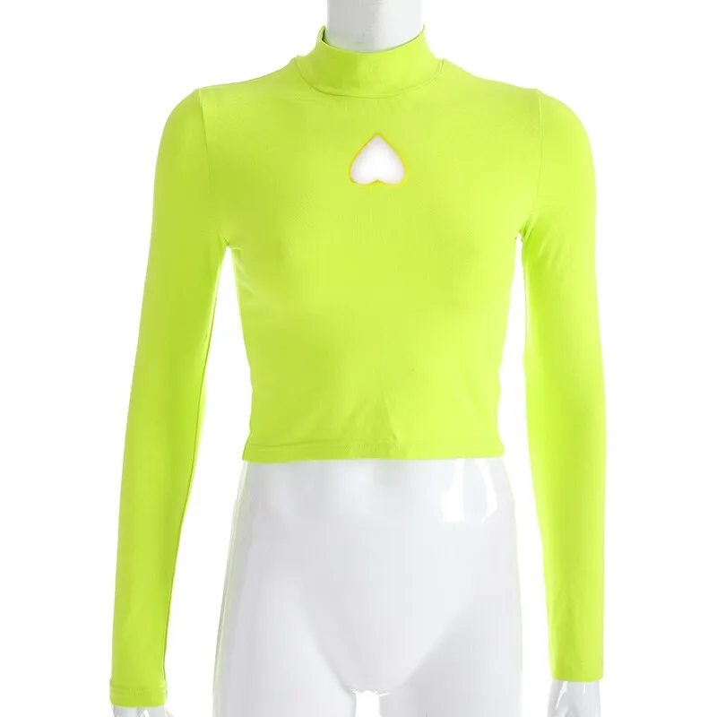 Fluorescence Green Sexy Crop Top Hollow Out Turtleneck Long Sleeve