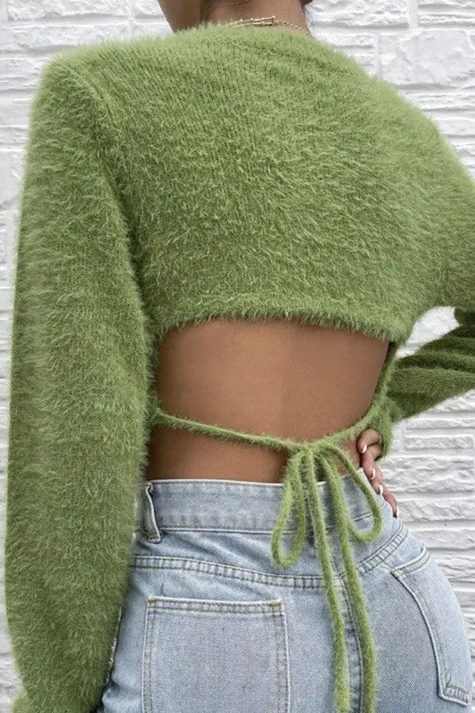 Fuzzy open back cropped sweater