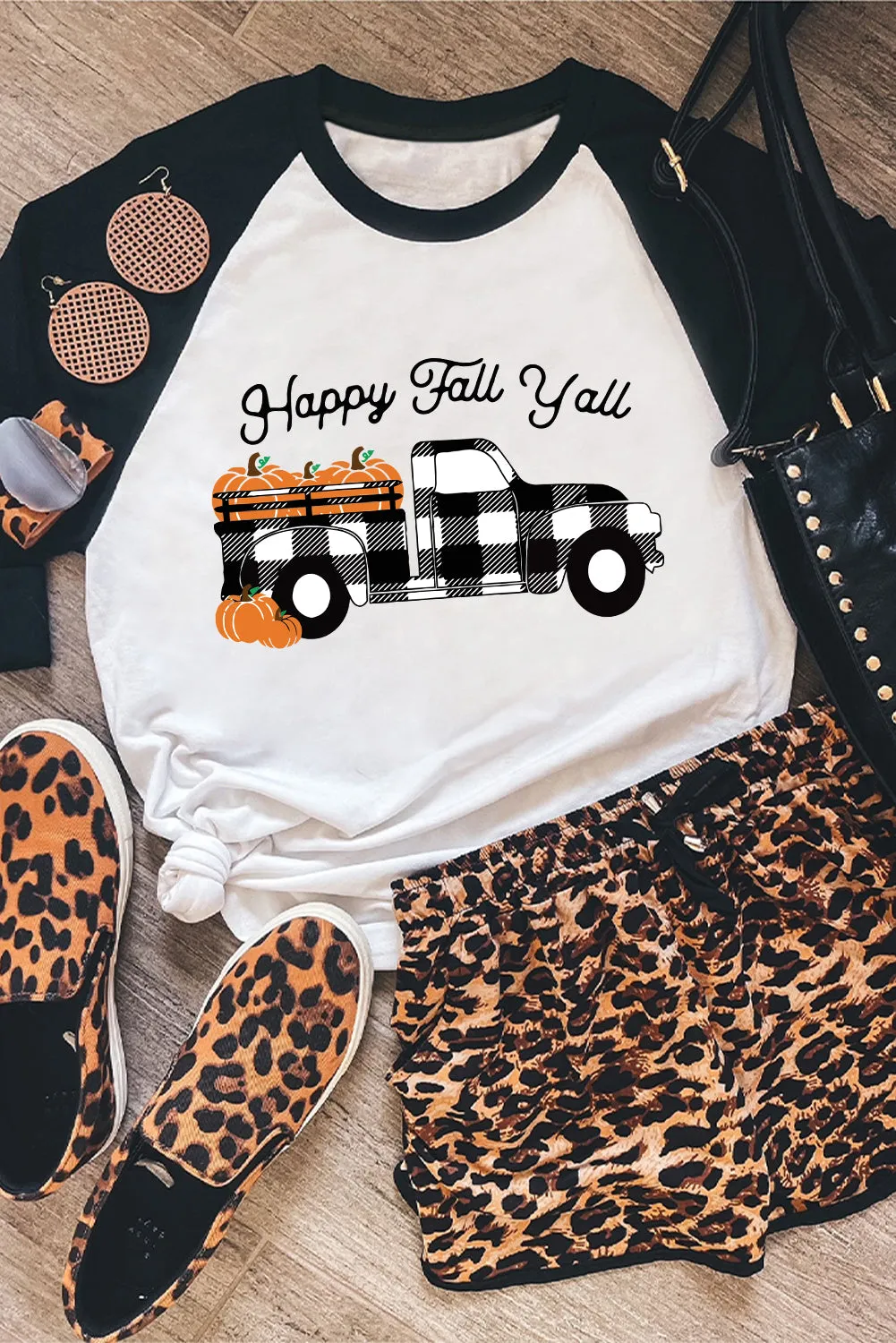 Happy Fall Yall Pumpkin Truck Graphic Print Color Block Top