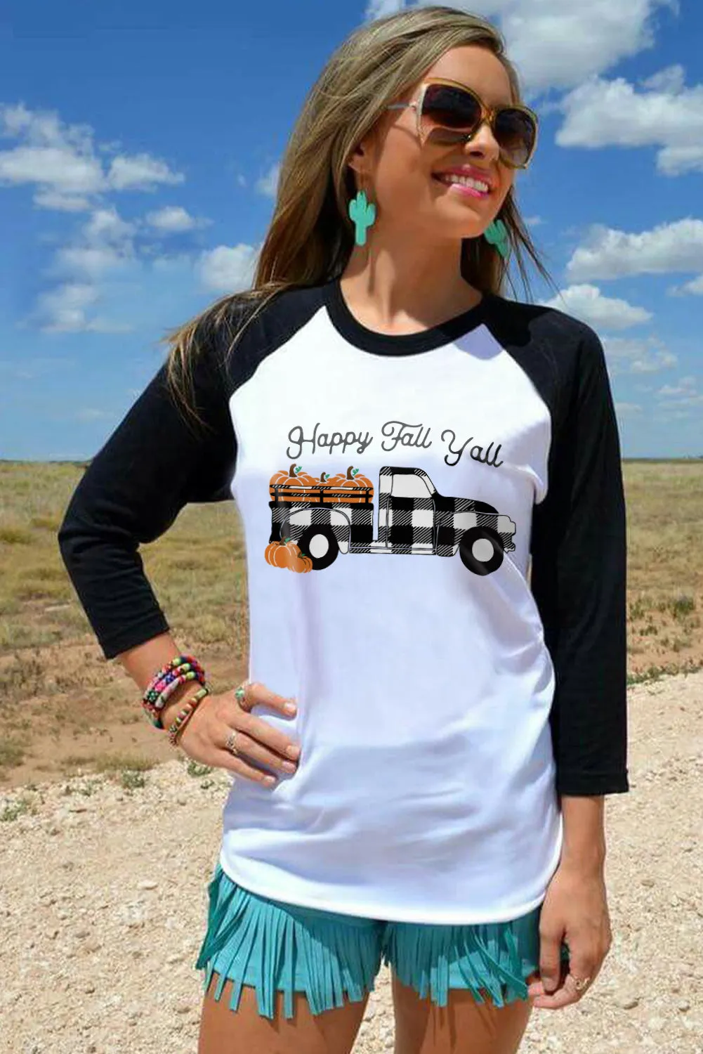 Happy Fall Yall Pumpkin Truck Graphic Print Color Block Top