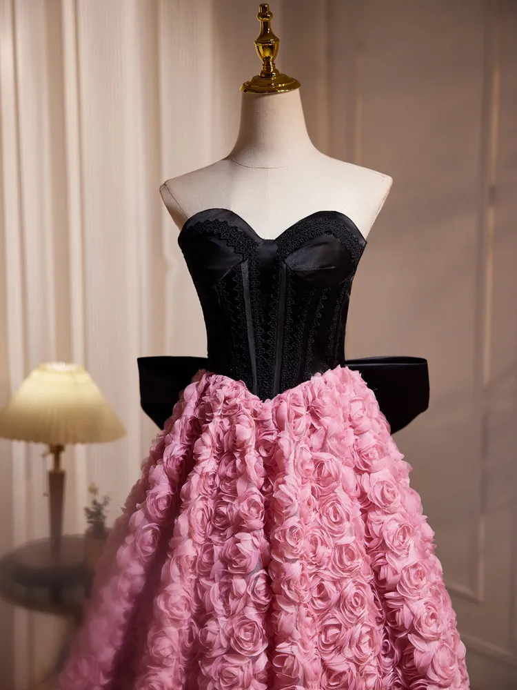 Hepburn Style Strapless Black Pink Tea Length Prom Dresses